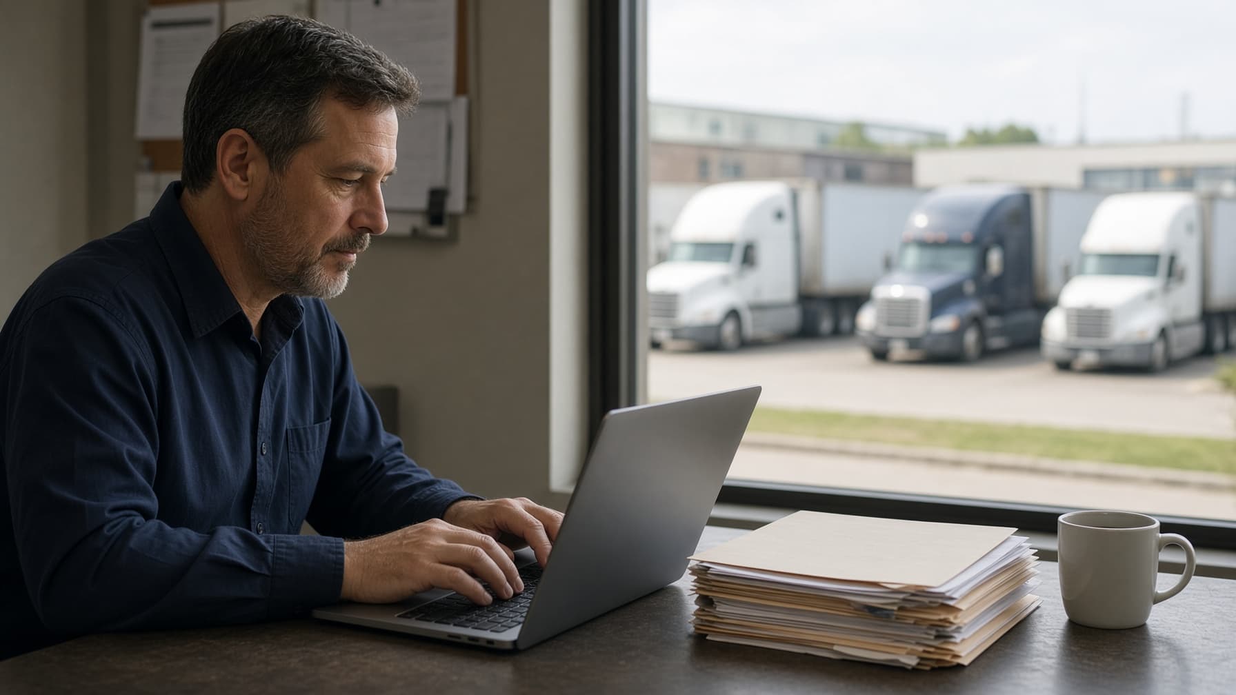 A fleet safety manager reviewing driver compliance records on a laptop, with a stack of driver files on the desk and semi-trucks parked outside the office window