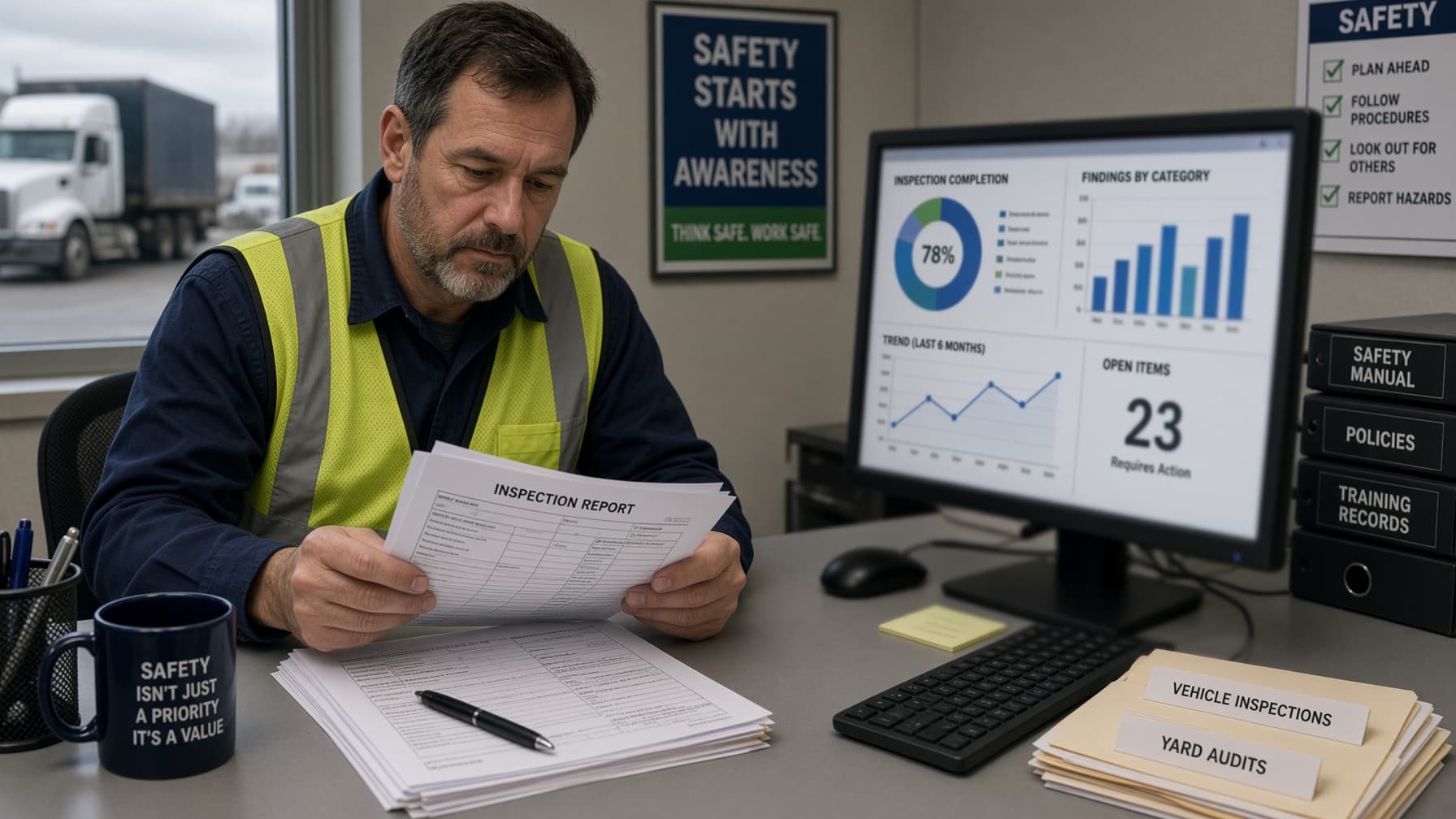 A safety manager reviewing inspection reports and safety data on a computer in a trucking office