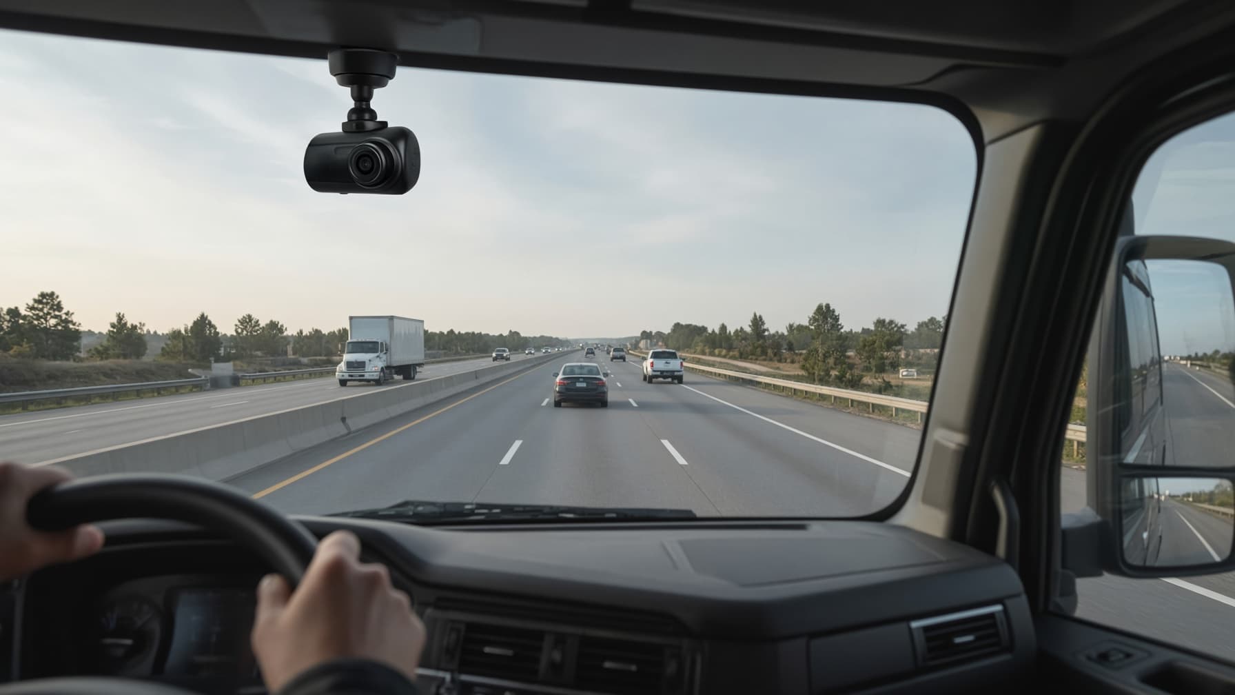 A dash camera mounted at the top of a semi-truck windshield, seen from the driver's seat looking out at highway traffic