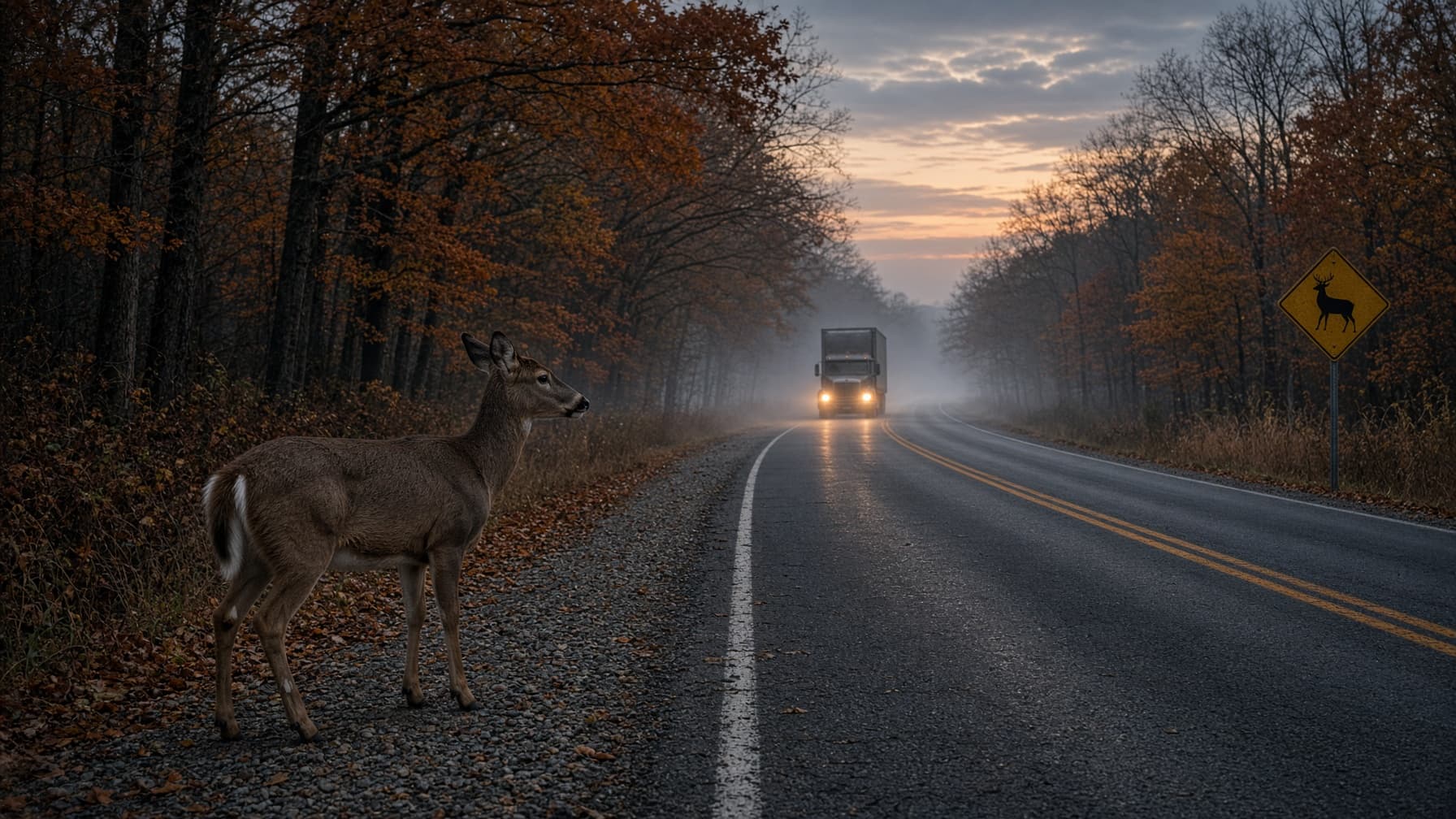 A deer standing at the edge of a rural two-lane highway at dusk as a semi truck approaches with headlights on