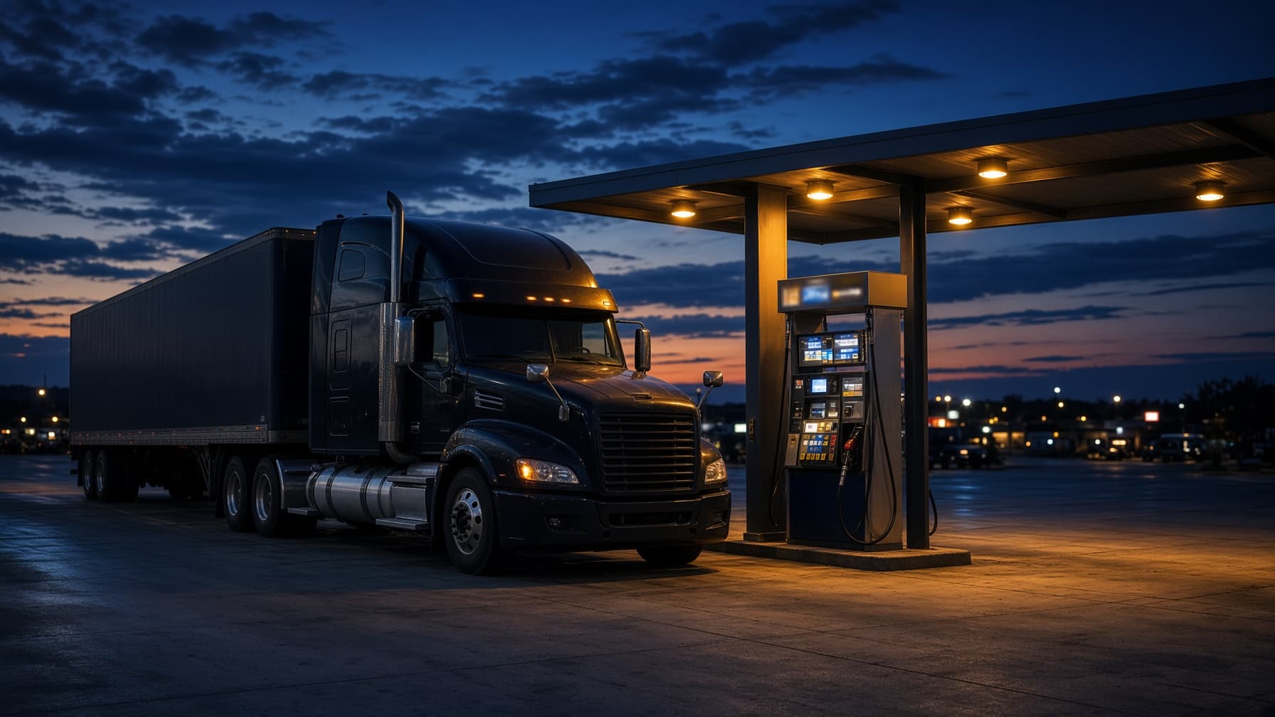 A semi-truck fueling at a truck stop with diesel prices displayed on the pump