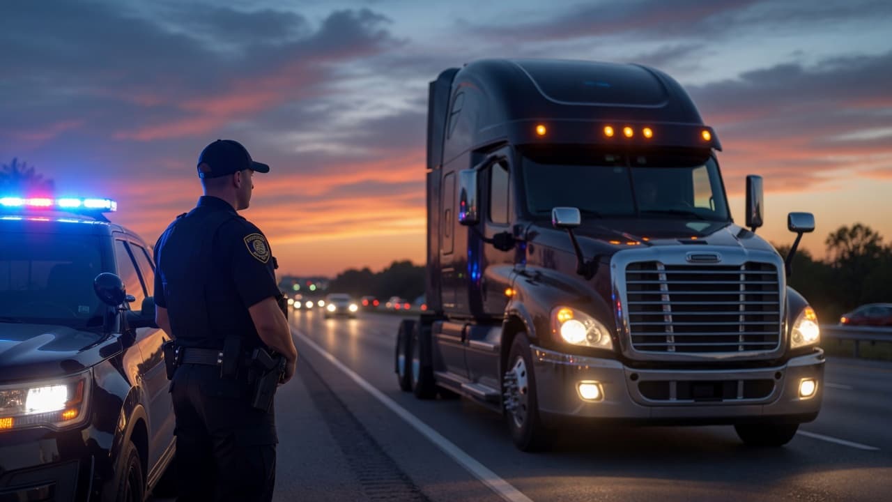 A commercial truck driver being pulled over for a roadside inspection during Operation Safe Driver Week