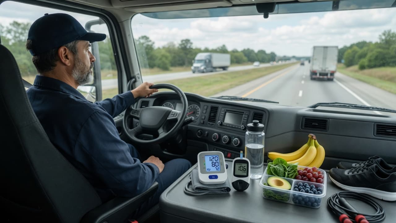 A commercial truck driver staying active and stretching during a rest stop