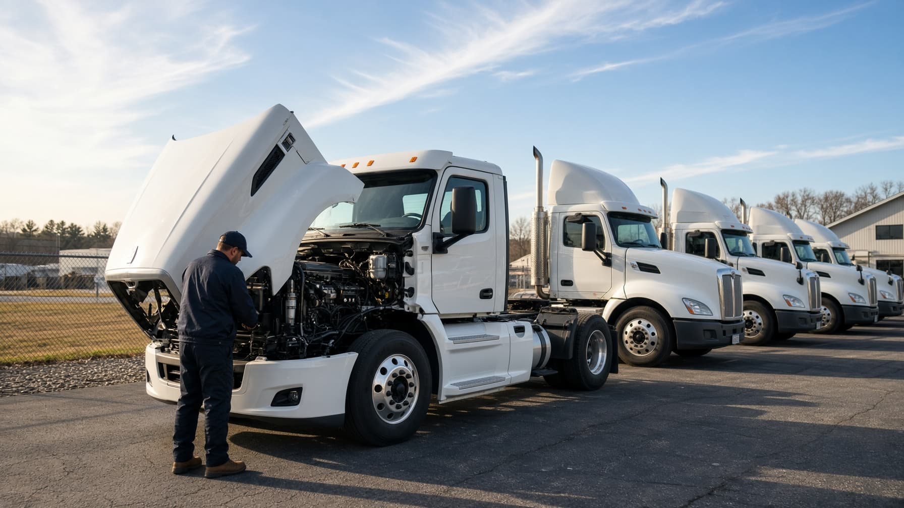 A row of new Class 8 tractors on a dealer lot with a technician inspecting an engine