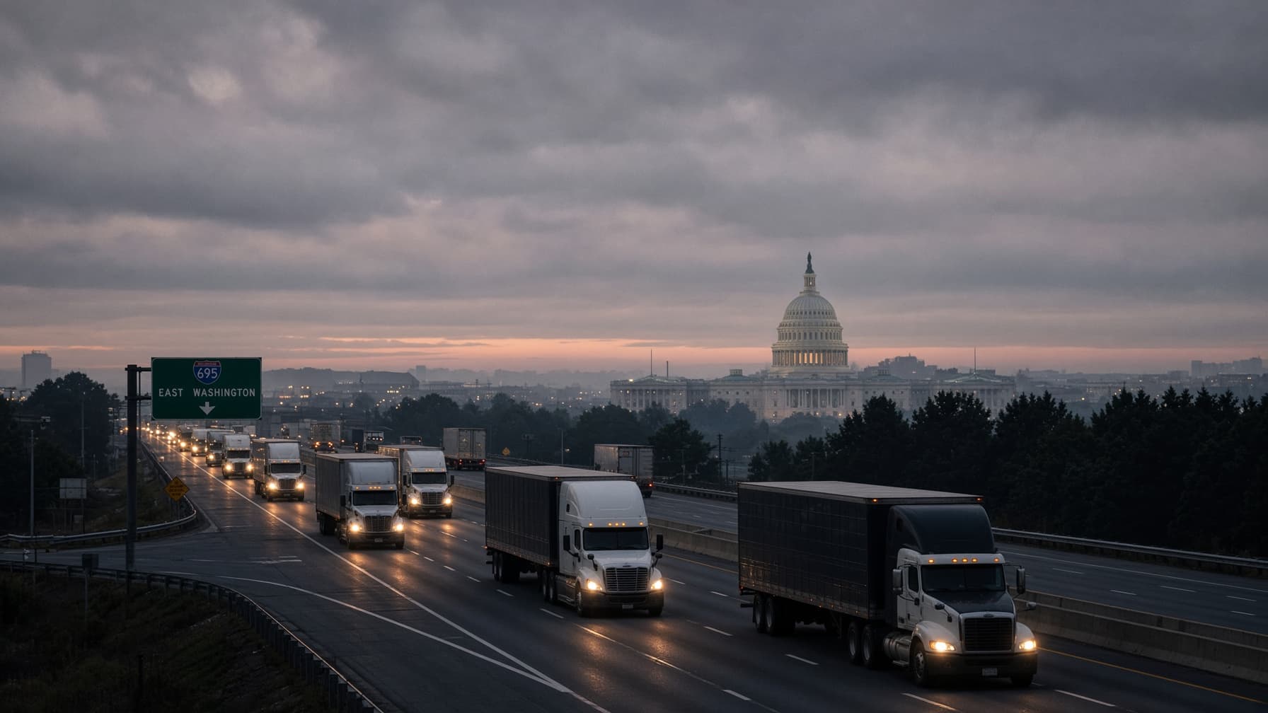 The U.S. Capitol dome behind an interstate highway with trucks in traffic