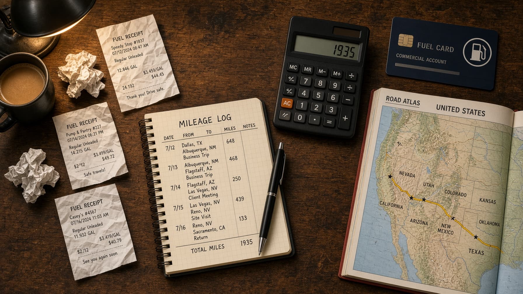 A trucker's fuel receipts and a mileage log spread on a desk beside a calculator