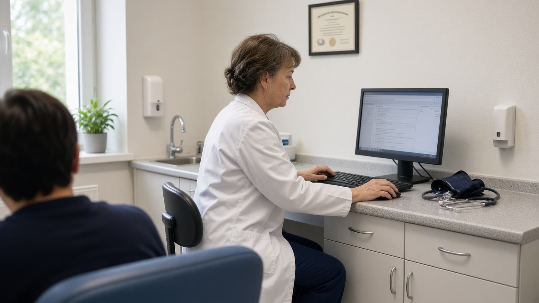 A certified medical examiner entering a commercial driver's physical exam results into a computer during a DOT physical