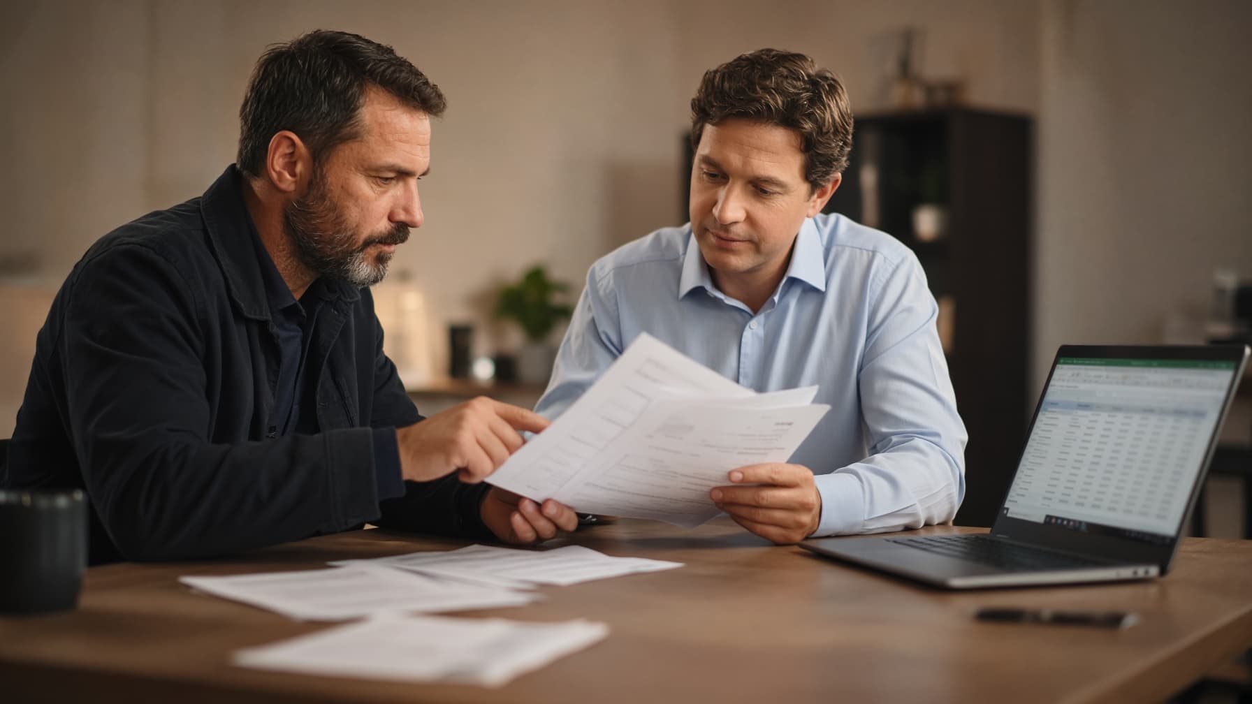 A carrier and a freight broker reviewing a rate confirmation and load records together at a desk