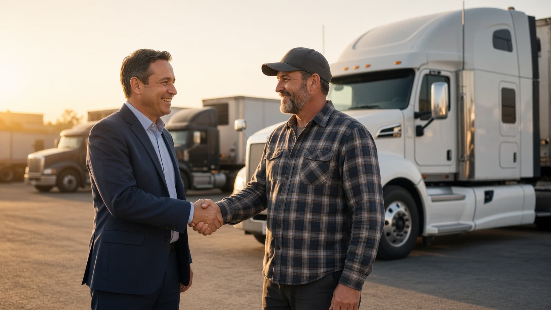 A fleet manager shaking hands with a smiling truck driver next to a semi-truck at a terminal