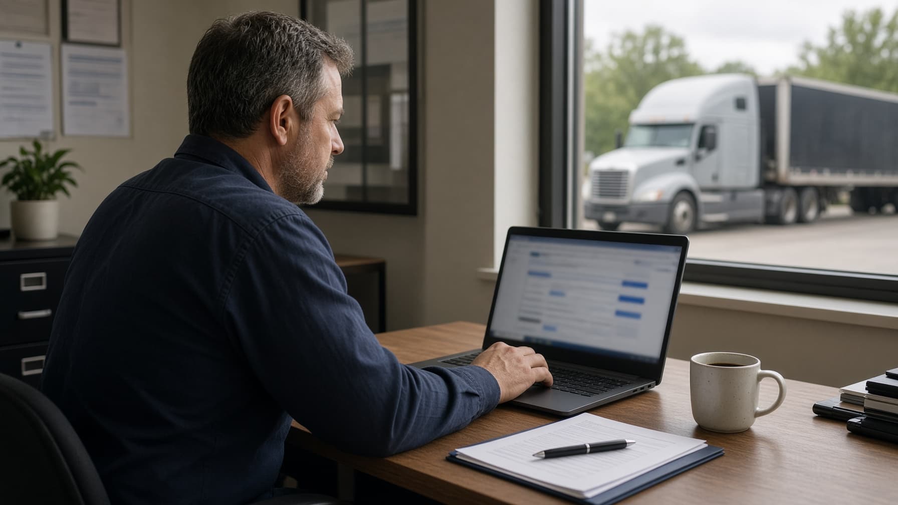 A small trucking company owner updating USDOT registration details on a laptop at a desk with a semi-truck parked outside