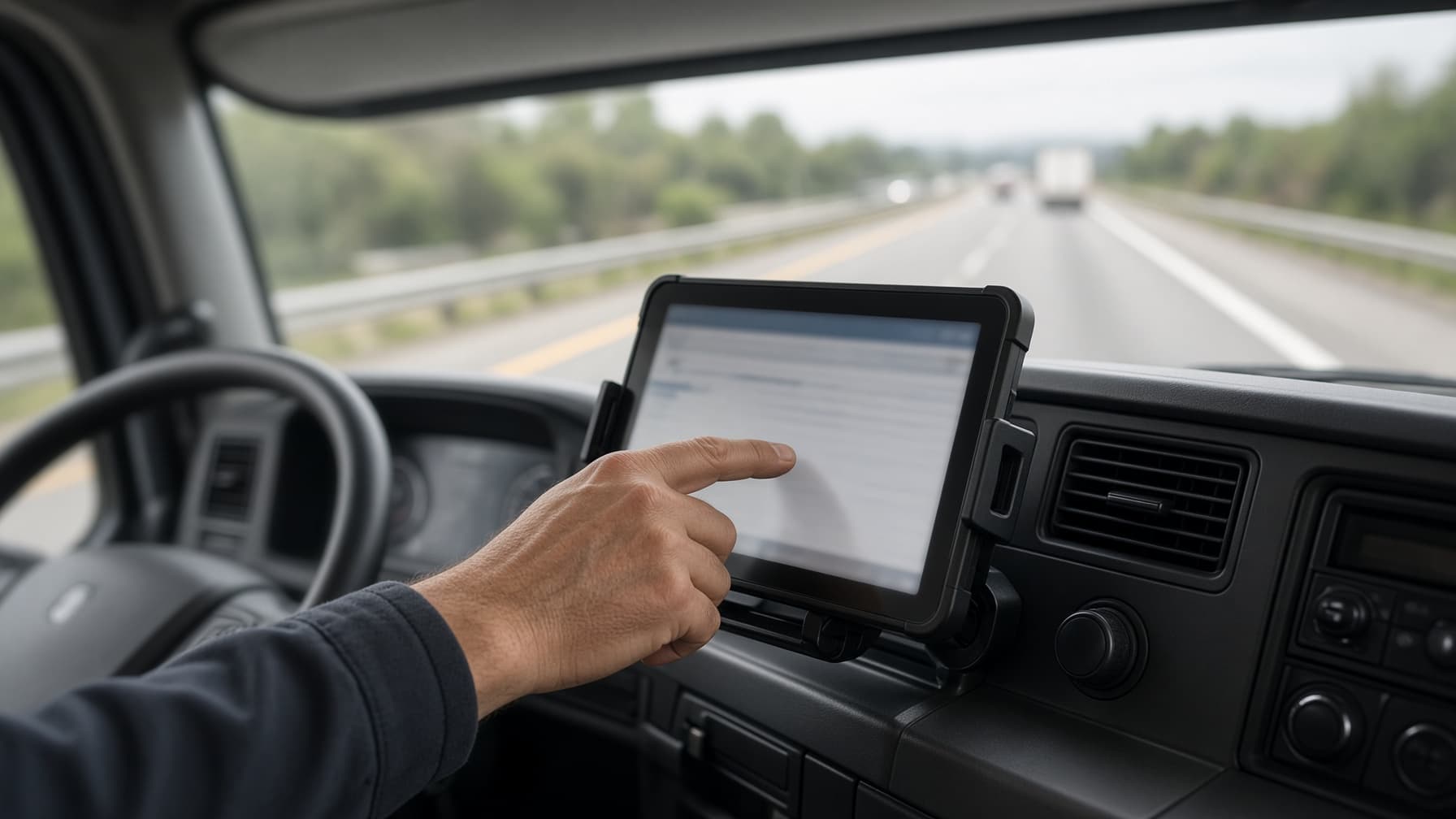 A truck driver checking the electronic logging device mounted on the dashboard of a semi-truck cab