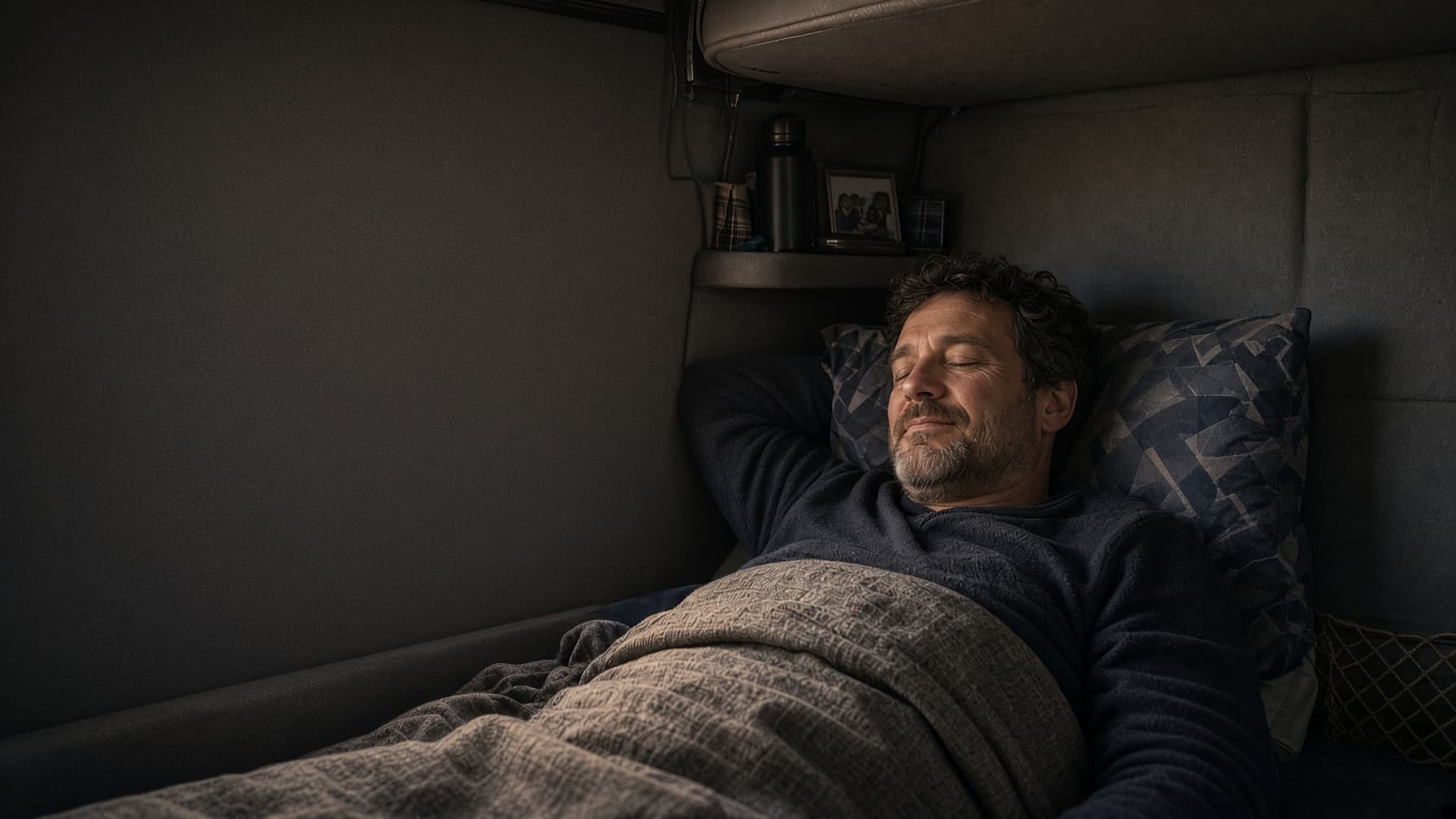A tired commercial driver resting in a truck sleeper berth at a rest area