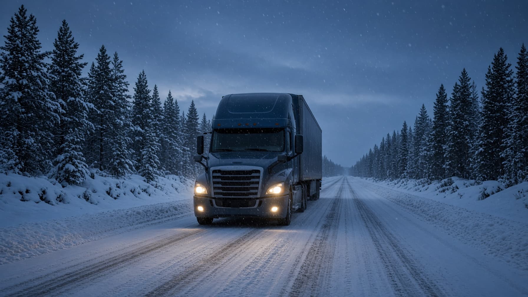 A semi-truck with its headlights on driving down a snow-covered road through a pine forest as snow falls at dusk