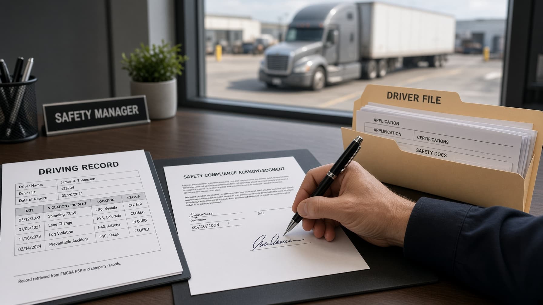 A safety manager signing a driver's annual review form next to a printed motor vehicle record