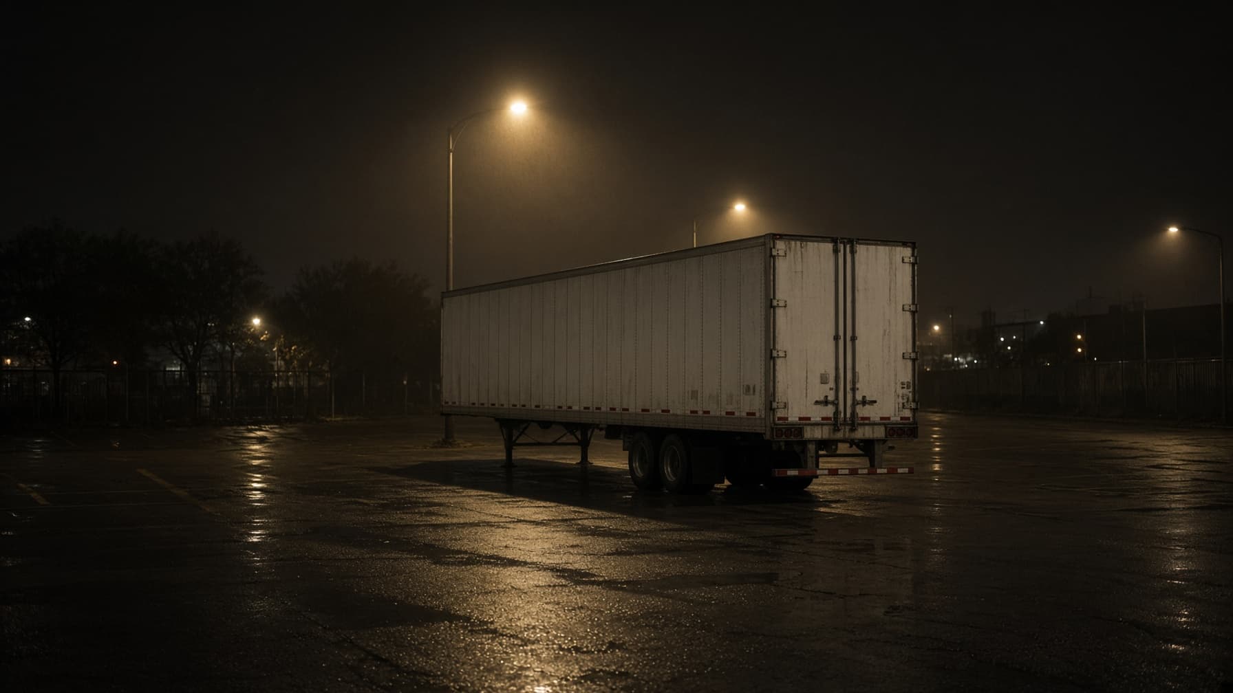 A loaded trailer parked alone at a dimly lit truck stop at night
