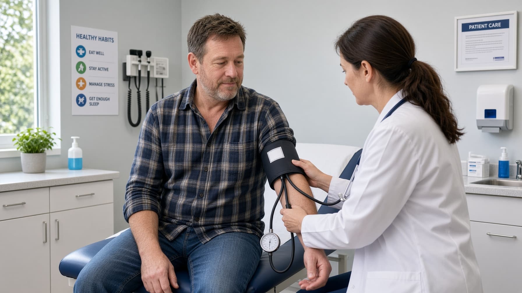 A medical examiner taking a truck driver's blood pressure with an arm cuff in a clinic