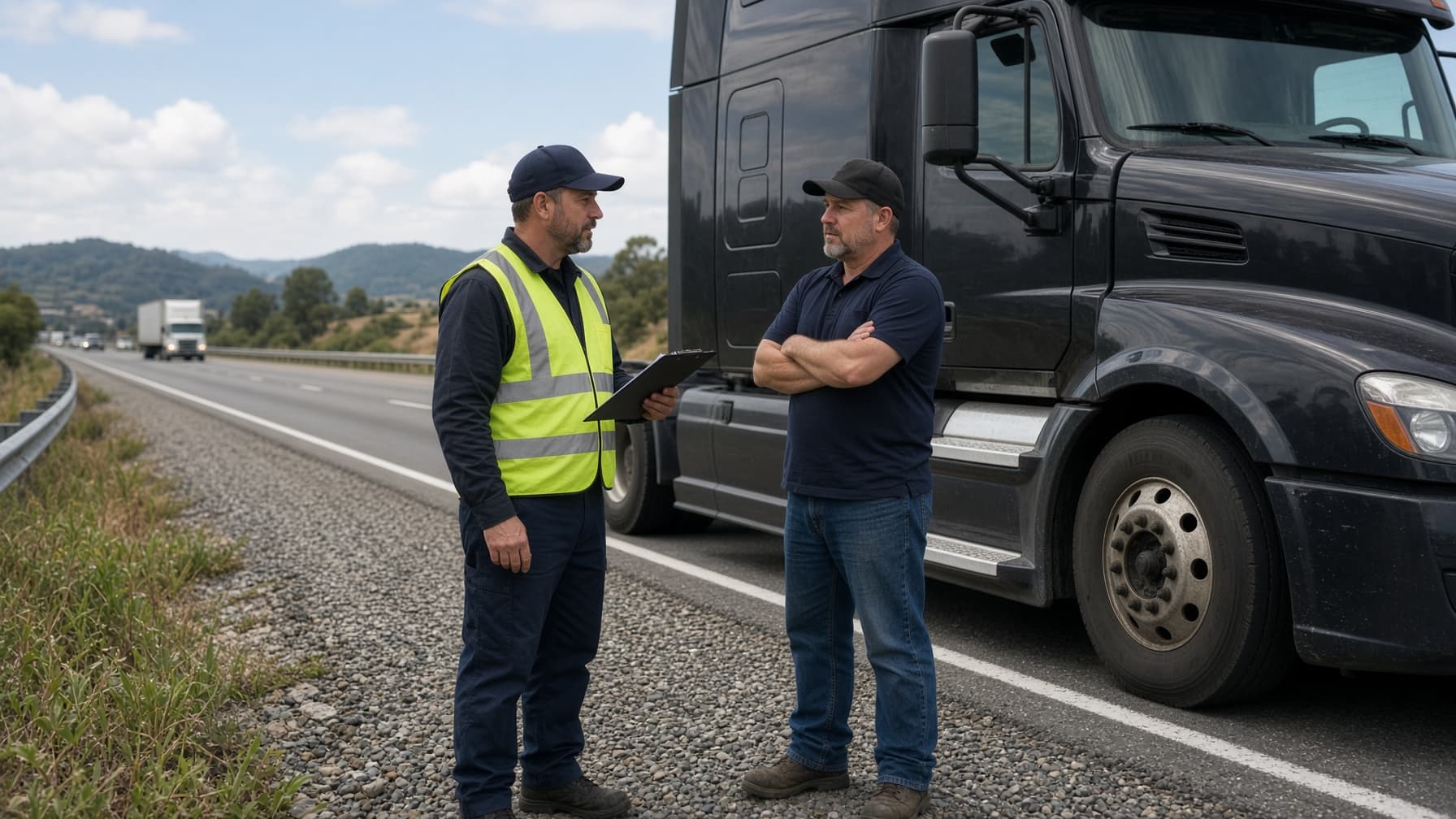 A roadside inspector speaking with a commercial driver beside a parked truck