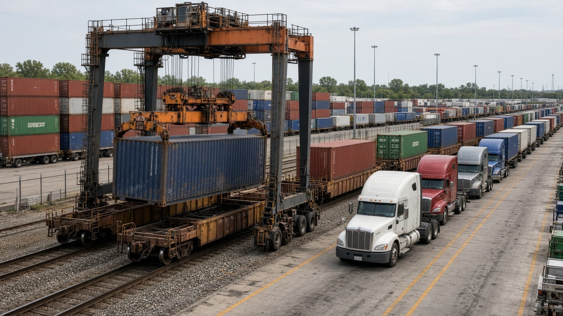 Trucks loading at a distribution centre with several dock doors in use