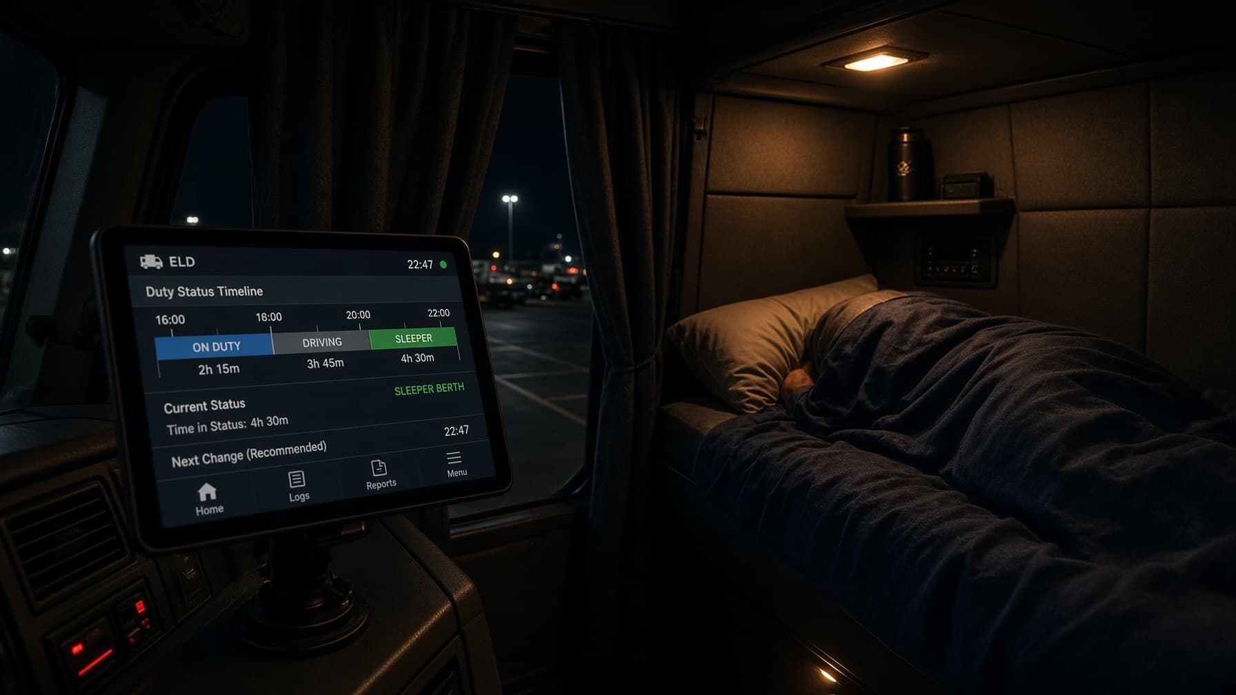 A truck driver resting in a sleeper berth with an electronic logging device visible on the dashboard