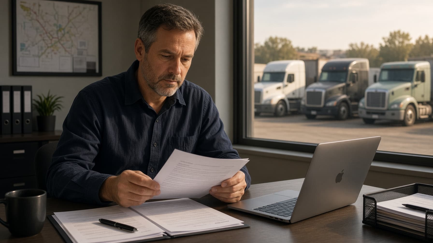 A fleet manager reviewing insurance renewal paperwork and cost-per-mile figures at a desk with trucks visible outside