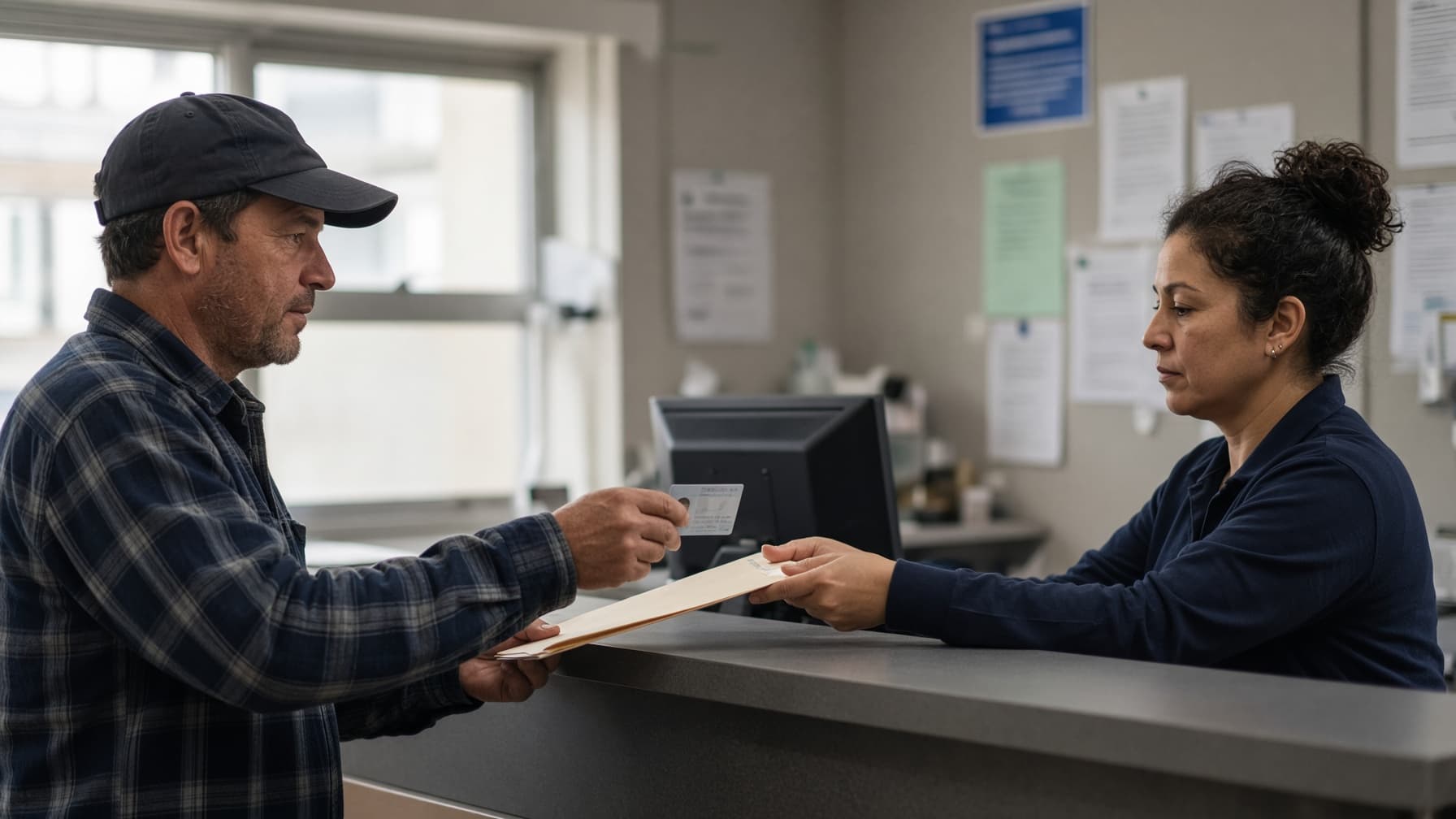 A driver handing a commercial driver's license and immigration paperwork across a licensing agency counter
