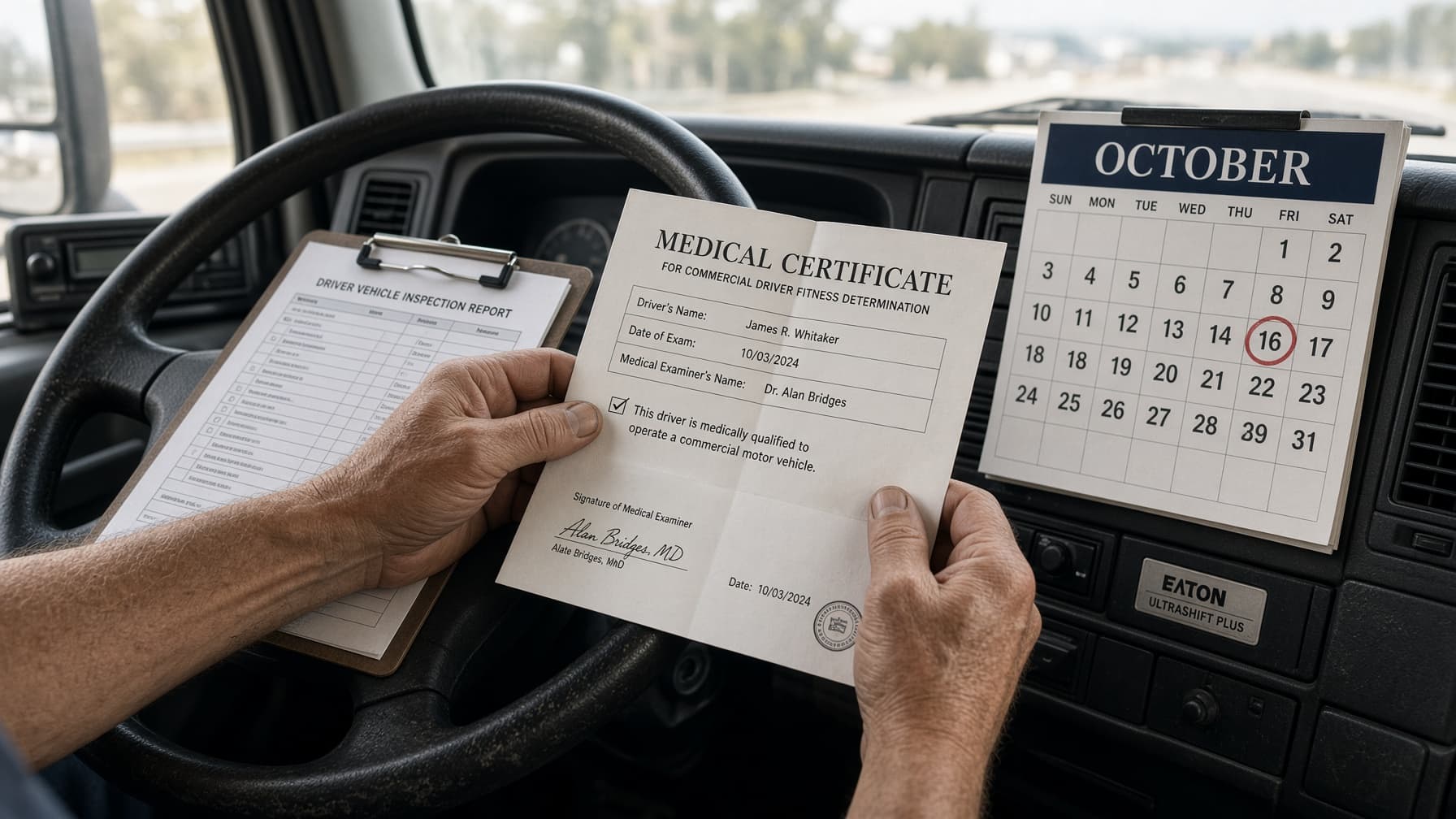 A truck driver holding a paper medical examiner's certificate next to a clipboard in a truck cab