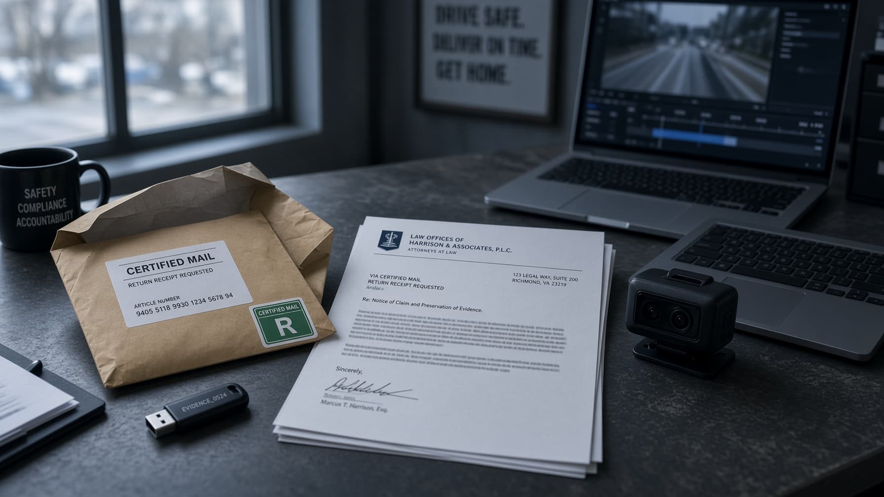A certified letter from a law firm on a desk in a trucking office next to a dash camera and a laptop
