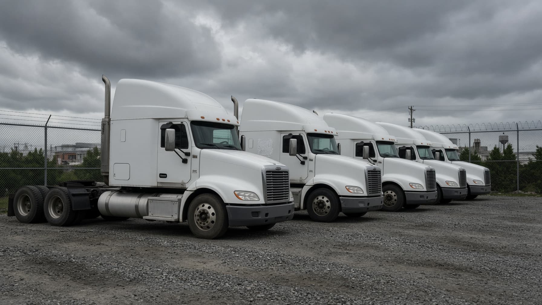 Several semi trucks with blank door panels parked in a row at a truck yard