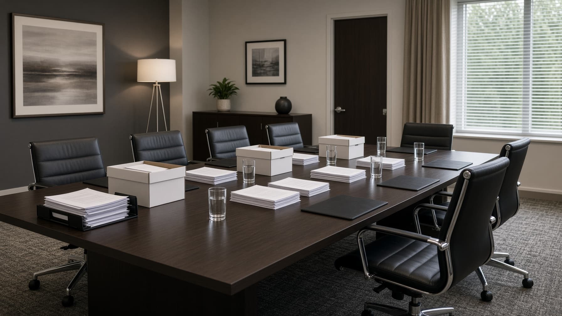 A conference room set up for a deposition with documents and a court reporter's station