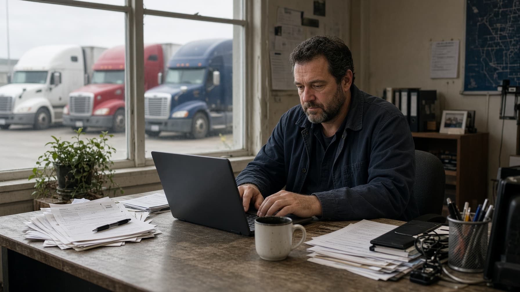 A carrier completing Unified Carrier Registration paperwork on a laptop in a trucking office